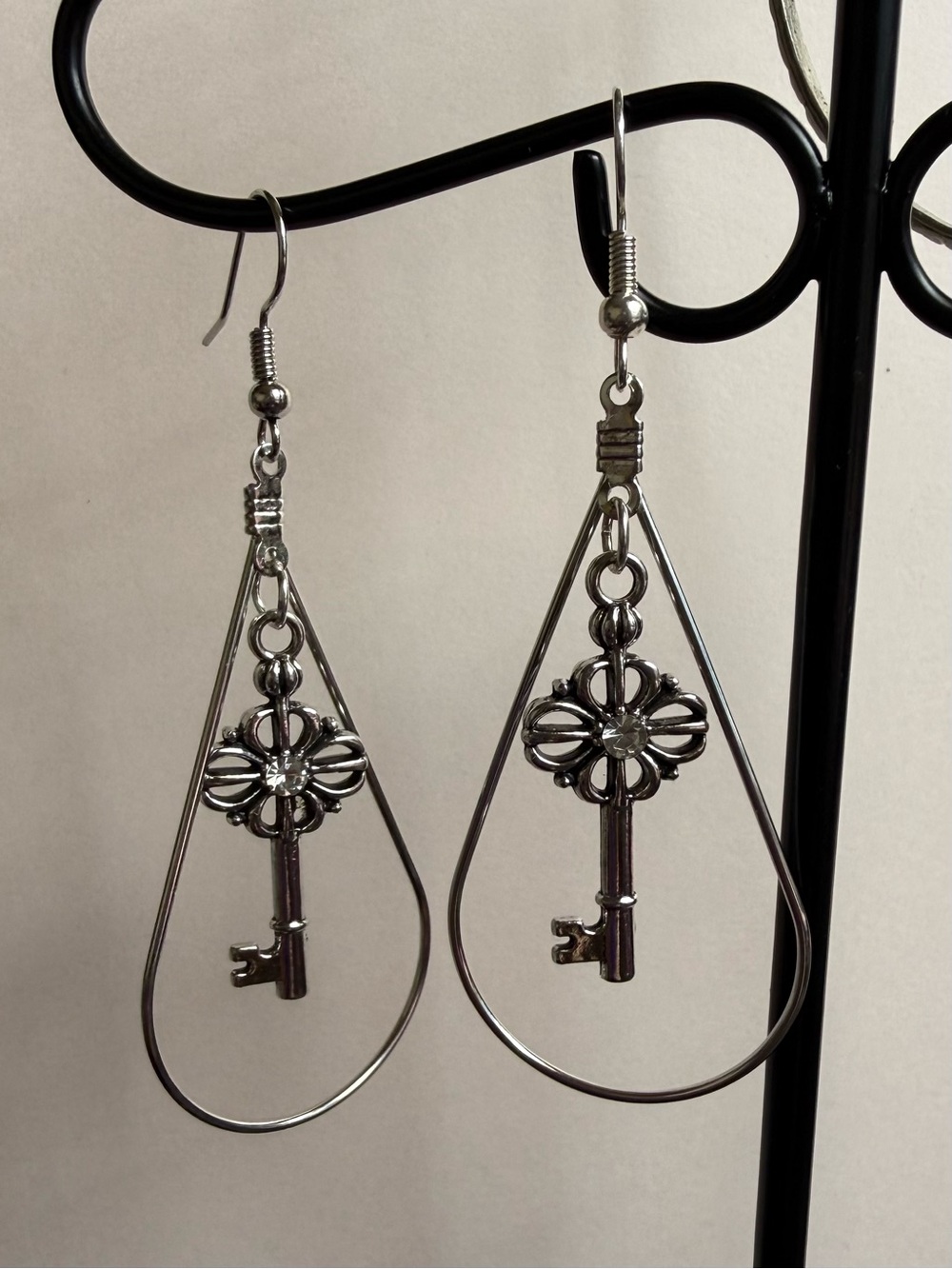 Silver Key Teardrop Dangle Earrings